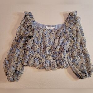 ASTR The Label Elva Multi Ditsy Floral Ruffle Top Blue Taupe Small